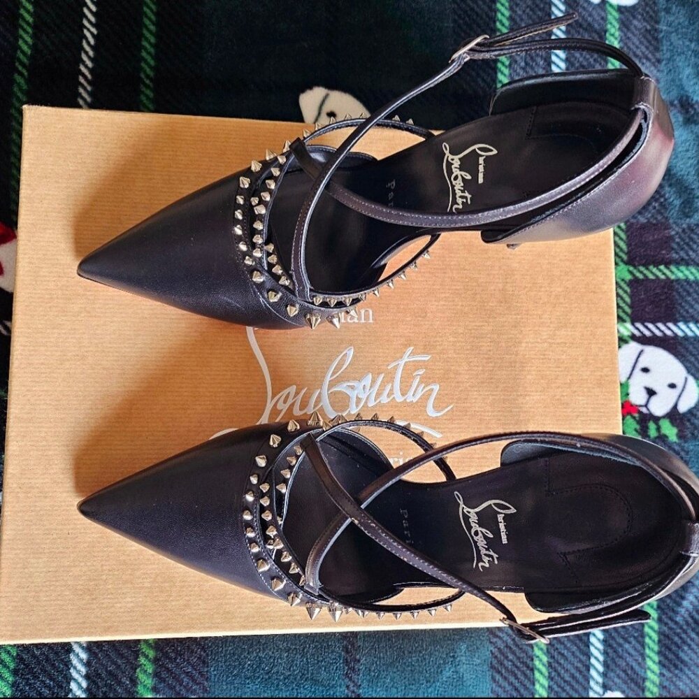 Black Christian Louboutin Tatooshka Spikes Red Sole Ankle-Strap Pumps